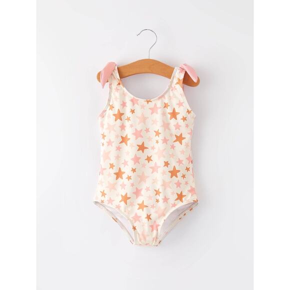Girls Size 6 One-Piece Swimsuit – Star Print – Pink & Orange - Picture 1 of 11